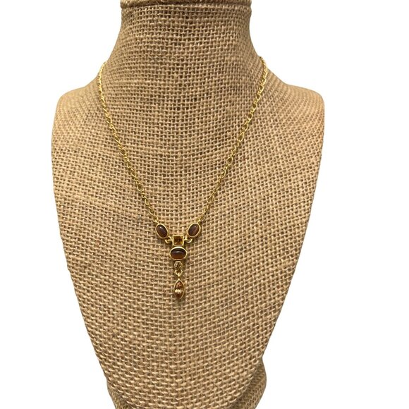 Gold Tone Y Necklace Brown Yellow Rhinestones Cats Eye Adjustable 15-17" NWOT - Picture 1 of 4